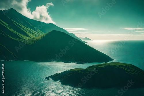 green mountain across the ocean