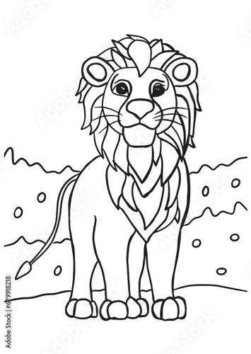 Children coloring book page lion standing in the nature savana