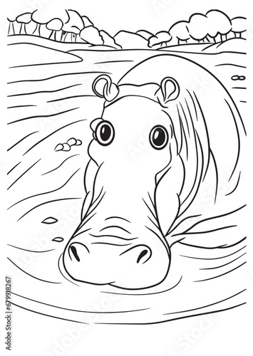 Coloring book page for kid hippos soaking in the river 