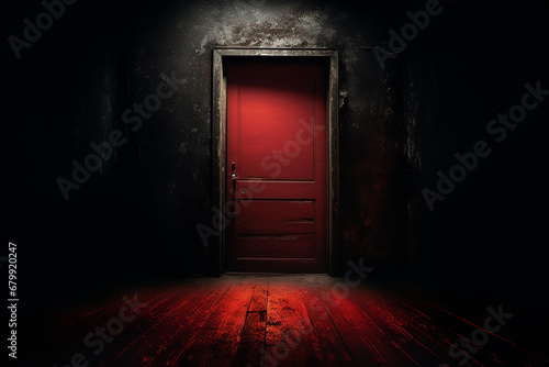 Red door in a dark place with a spotlight from above photo
