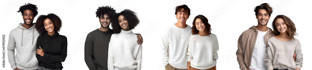 Set of Portrait of Young couple happy smiling and standing posing together, isolated on white background, png Set of Portrait of Young couple happy smiling and standing posing together, isolated on white background, png