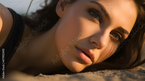candid, closeup, Gal Gadot laying on the beach, captured by Canon EF 50mm f/1.2L USM lens on a Canon EOS 5D Mark IV camera, rim lighting photo