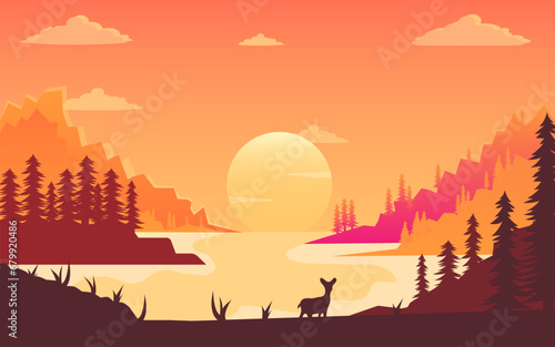 Sunset in between the mountains illustration