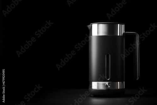 A sleek blender on a stainless steel and black background, featuring minimal retouching, back button focus, and a stylish, clean design with smooth surfaces.