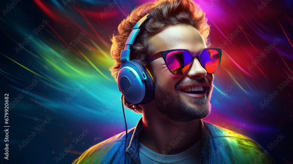 A man with headphones on a blue and colorful background, featuring dramatic lighting effects and a joyful, optimistic atmosphere. A man with headphones on a blue and colorful background, featuring dramatic lighting effects and a joyful, optimistic atmosphere.