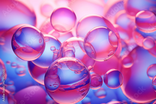 Pink and purple bubbles gracefully float on the background, exhibiting hyper-realistic oil aesthetics with light red and azure tones, and playful repetitions.