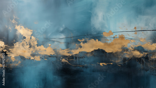 Abstract painting of gold oil paint flowing on a grunge blue wall  for wallpaper  8K