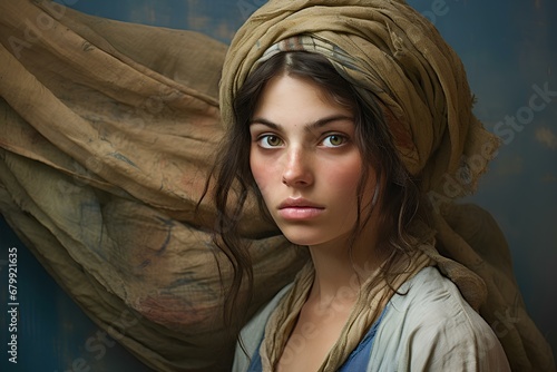 portrait of beautiful peasant woman wearing rags, faded tapestry backdrop. generative AI