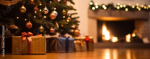 gifts under the christmas tree, chimney at the background, cozy living room with wooden floor, close up on present boxes for christmas and new year