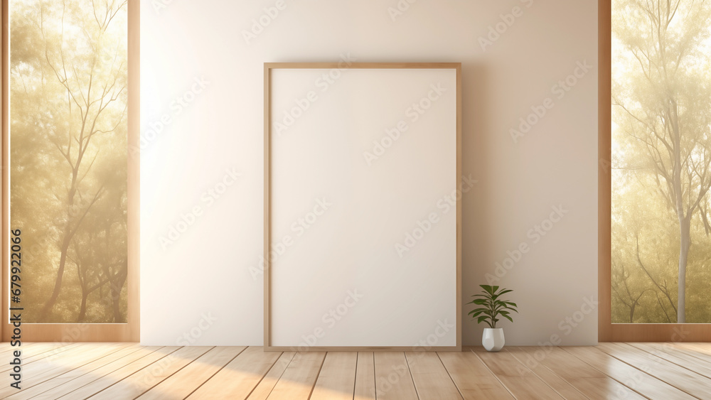 Photo of an empty picture frame on a beige tone background receiving warm sunlight from a window Photo of an empty picture frame on a beige tone background receiving warm sunlight from a window