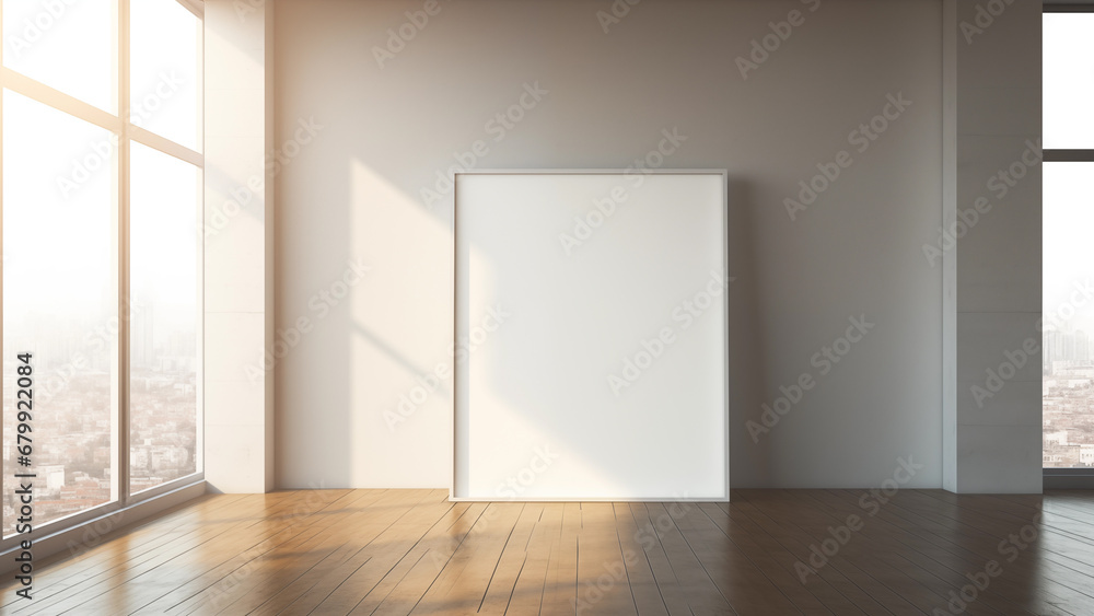 Photo of an empty picture frame on a beige tone background receiving warm sunlight from a window
