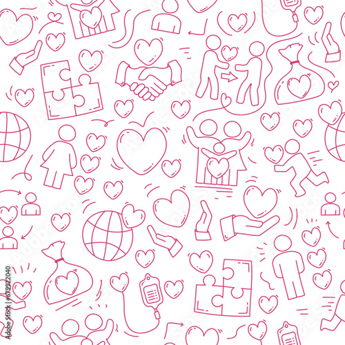 Seamless pattern with Charity love elements. Charity seamless doodle pattern. Love doodle pattern.