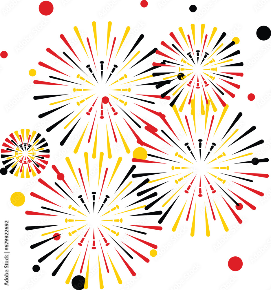 Yellow red and black fireworks, illustrating the colors of the German flag. Fireworks celebrate the holidays. Fireworks isolated on white background.