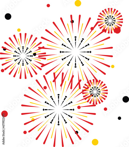 Yellow red and black fireworks, illustrating the colors of the German flag. Fireworks celebrate the holidays. Fireworks isolated on white background.