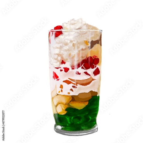 Vietnamese street sweet food, Che, traditional Asian desserts with ice, coconut milk and mixed fruits in a glass. Hand drawing authentic Asian food illustration on white background. menu