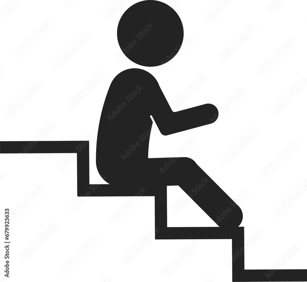 Isolated pictogram icon of man sit on stairs, for design prohibited to sit, loiter or block of stair way, crossed out, do not sit on stairs Isolated pictogram icon of man sit on stairs, for design prohibited to sit, loiter or block of stair way, crossed out, do not sit on stairs