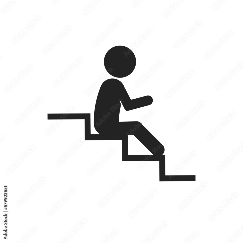 Isolated pictogram icon of man sit on stairs, for design prohibited to sit, loiter or block of stair way, crossed out, do not sit on stairs