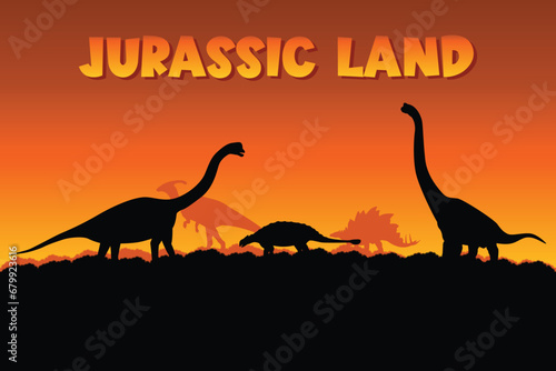 Jurassic Land Sauropod Dinosaur Silhouette on Orange Background