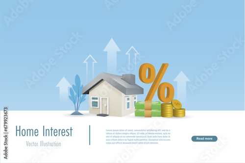 Home loan, mortgage loan interest rate with growth graph and percentage sign. Increasing of interest rates or home price. Real estate and property investment. Vector.