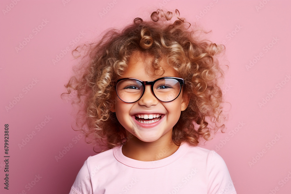 portrait of a smiling little curly blond girl with big eyeglasses. Isolated on solid pink color background