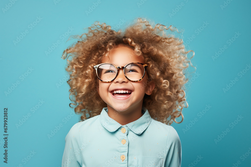 portrait of a smiling little curly blond girl with big eyeglasses. Isolated on solid deep blue color background