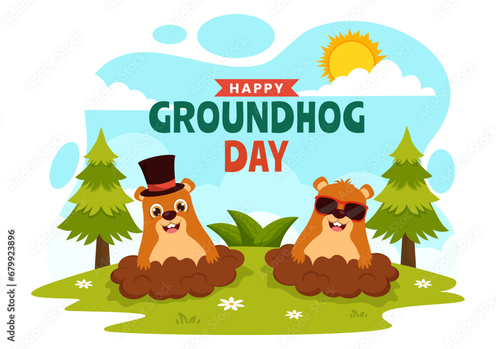 Happy Groundhog Day Vector Illustration on February 2 with a Groundhog Animal Emerged from the Hole Land and Garden in Background Cartoon Design Happy Groundhog Day Vector Illustration on February 2 with a Groundhog Animal Emerged from the Hole Land and Garden in Background Cartoon Design