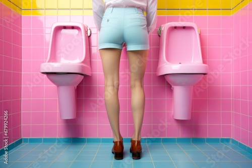Girl wearing shorts, standing in front of urinal in male restroom interior. Minimal humorous concept of confusion in public toilets, unisex, gender-inclusive toilet. Pastel colors, pink, blue, yellow photo