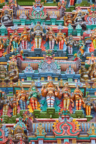 Sculptures on Hindu temple gopura (tower). Menakshi Temple, Madurai, Tamil Nadu, India