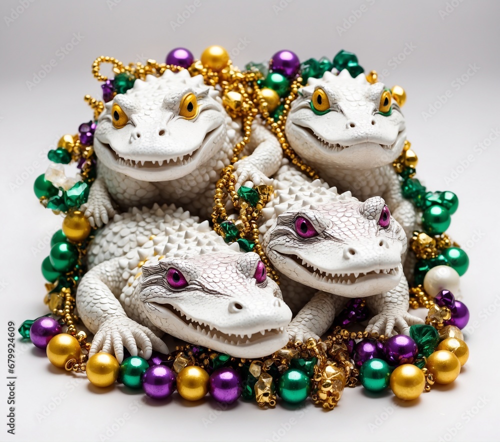 Three white crocodiles in a necklace of beads on a white background