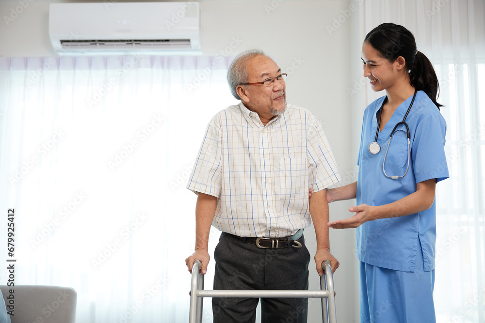 nurse or caregiver helping senior man walking with a walker and support him at home nurse or caregiver helping senior man walking with a walker and support him at home