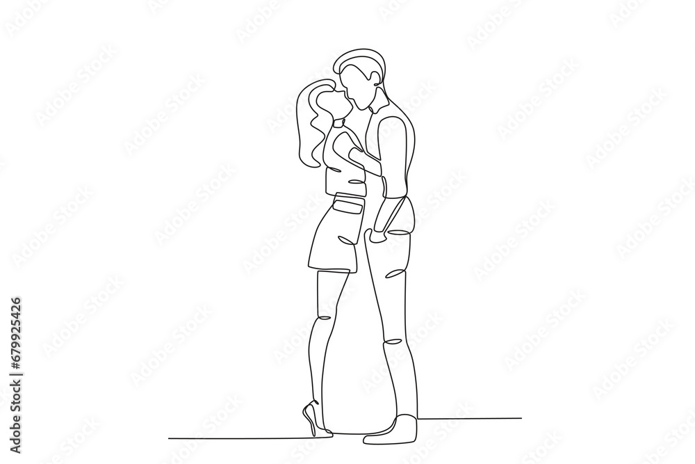 Lovers hug and kiss. National hugging day one-line drawing Lovers hug and kiss. National hugging day one-line drawing