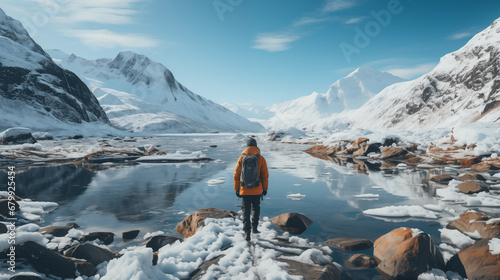 traveler in glacier in the mountains