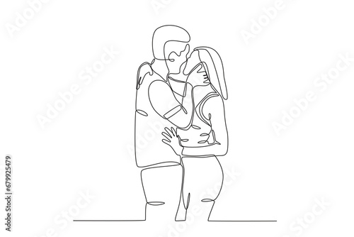 Lovers hug and kiss romantically. National hugging day one-line drawing