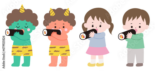 恵方巻を食べる鬼と子供のベクターイラスト。節分、男の子、女の子