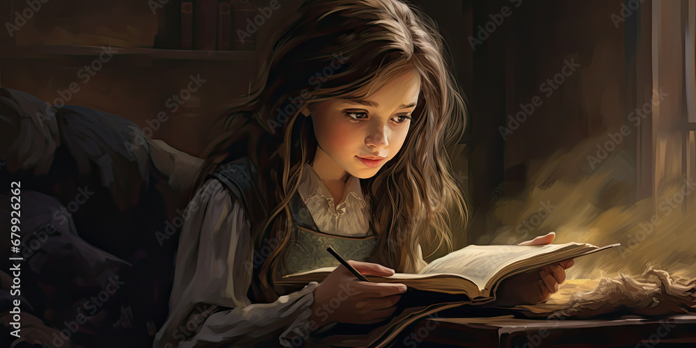 Young girl in bed reading book bedtime story children stories learning to read, generated ai - obrazy, fototapety, plakaty 