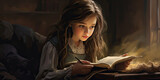 Young girl in bed reading book bedtime story children stories learning to read, generated ai