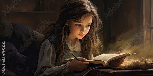 Young girl in bed reading book bedtime story children stories learning to read, generated ai photo