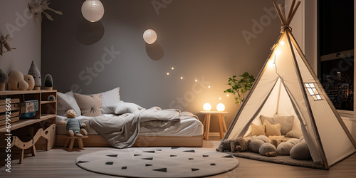 Tent indoor bedroom camping fun tipi sleep over childrens bedroom interior warm lighting, generated ai photo