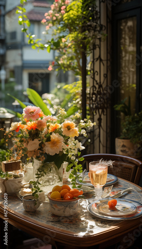 table with food and floweis in restaurant