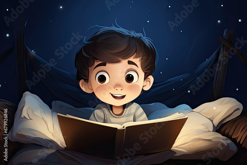Cartoon style young boy bedtime story reading in bed learning to read goodnight stories illustration, generated ai