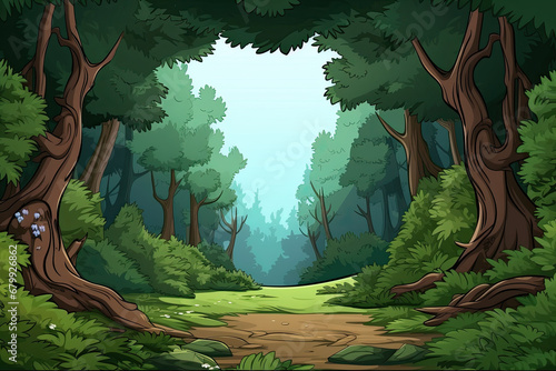 Cartoon style woodland forest trees pathway green woods illustration woods, generated ai