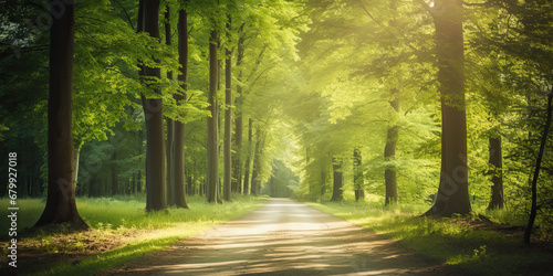 Beautiful forest woodland path pathways winding illustration sunlight woods fantasy trees, generated ai photo