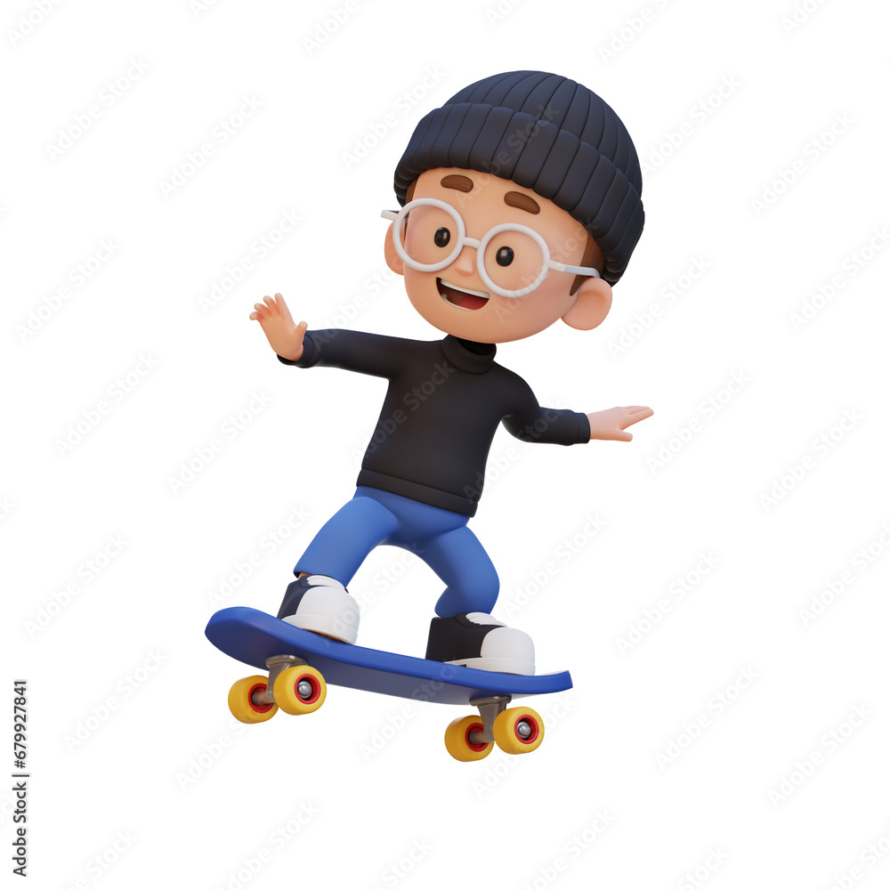 3D kid character ride skateboard