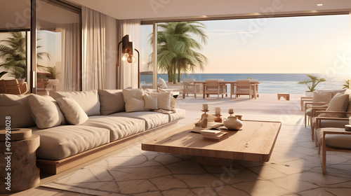 coastal life interior design  photorealistic  livingroom design golden hour