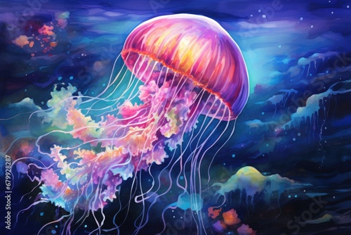 watercolor Jellyfish Ocean Water Jellyfish watercolor illustration. Medusa painting © PinkiePie