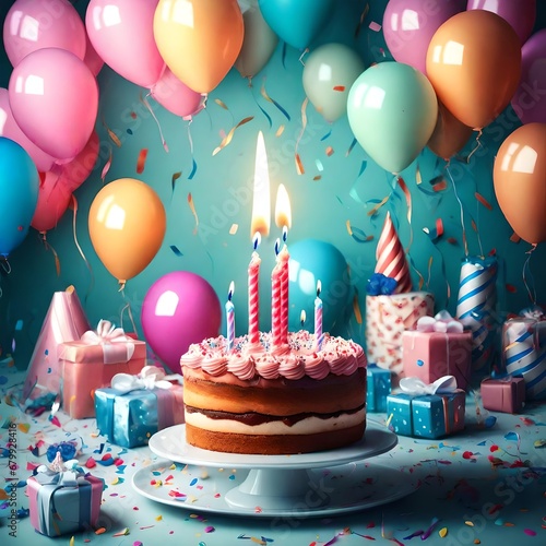 Beautiful happy birthday Background With Balloons, cake with candel and happy birthday texted on it Generative Ai techno photo