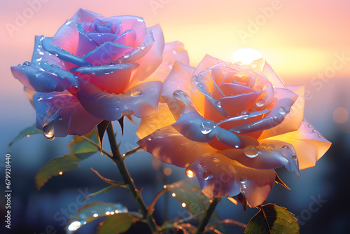 Dawn, dewdrop, after rain, two colorful roses with clear color from a wide angle, self luminous petals, spectral lighting principle, sunrise