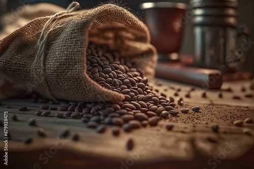 Coffee beans on a burlap on rustic table with cinematic backery bokeh background and soft lighting photo