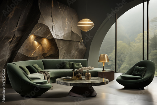 Modern design of green tone mountain villa interior
