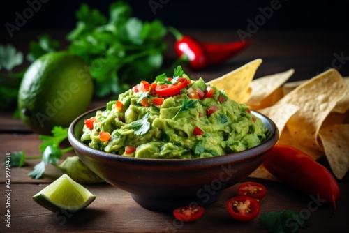 A vibrant and fresh bowl of homemade guacamole, garnished with cilantro and served with crispy tortilla chips, set against a rustic wooden backdrop